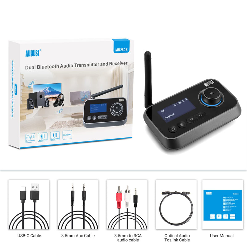 Bluetooth 5.0 Audio Transmitter Receiver Dual Connection for TV Headphones and HiFi Speakers - August MR280 - Multipoint, Low Latency, Stereo, Volume Control, Optical RCA Jack 3.5mm Mains Powered USB