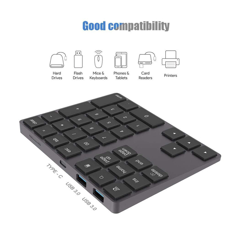 Wired/Bluetooth Numeric Keypad, Portable Wireless Bluetooth 34-Key External Number Pad with 2 USB 3.0 Interface for Computer Laptop Windows, OS, Android(Black) Black
