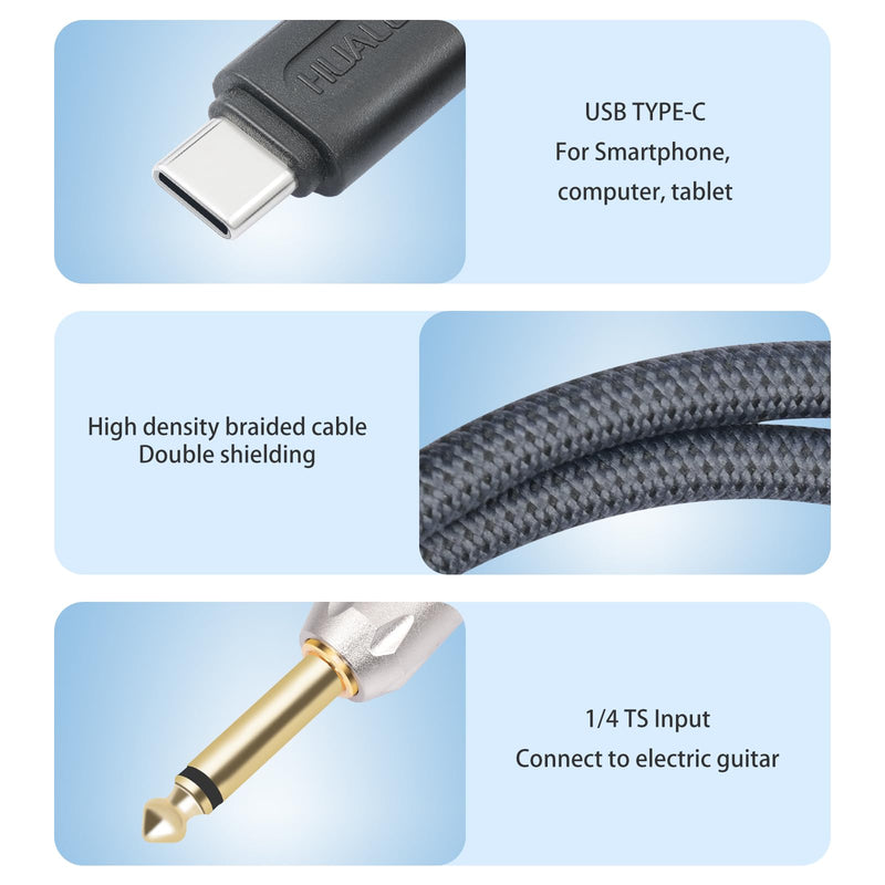 6.6Ft 1/4 to USB C Electric Guitar Recording Cable, USB C to 1/4 TS Electric bass Guitar Cable for Recording, Electric Guitar 1/4 TS 6.35 mm Male Jack to Computer, Smartphone 6.6Feet
