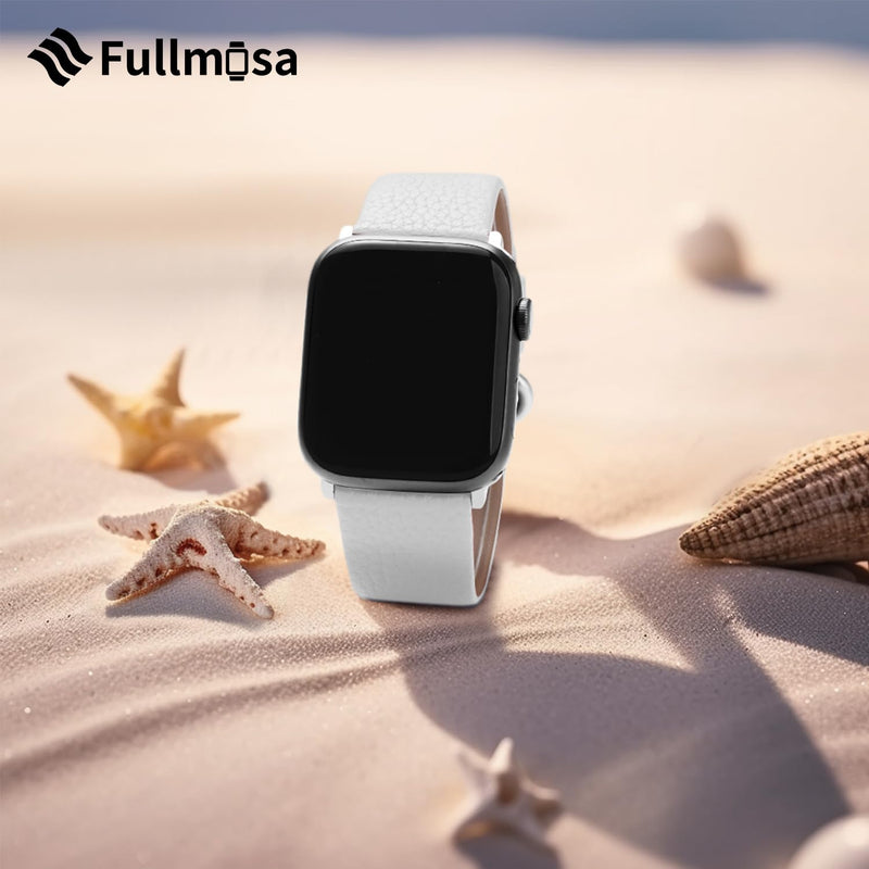 Fullmosa Compatible Stainless Steel Apple Watch Band 44mm/45mm/42mm Golden with Case & Compatible Leather Apple Watch Band 44mm/45mm/42mm, White