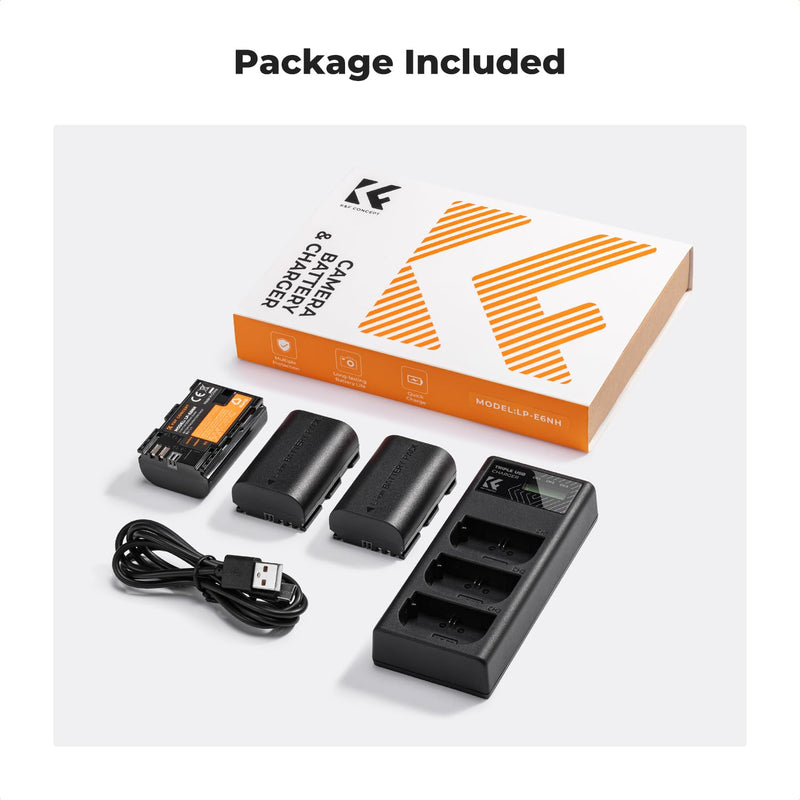 K&F Concept 3-Pack LP-E6NH Battery and Triple Slot Charger for Canon EOS R5, R6, R, 6D Mark II, 5D Mark IV, 5D Mark III, 5DS, 5DS R, 5D Mark II, 80D, 90D, 6D, 7D, 7D Mark II, 2250mAh