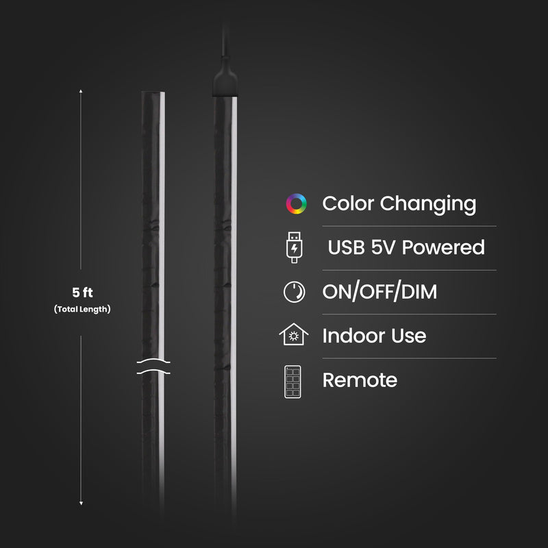 Feit Electric 5ft Indoor LED Light Strip, Dimmable, 0.1-Inch Wide, Multi-Color Chasing, USB-Powered, Filling & Stacking Patterns for Car Dashboards, Desks, Shelves & Furniture, TAPE60/TCOB/RGB/USB RGB (Red, Green, Blue)