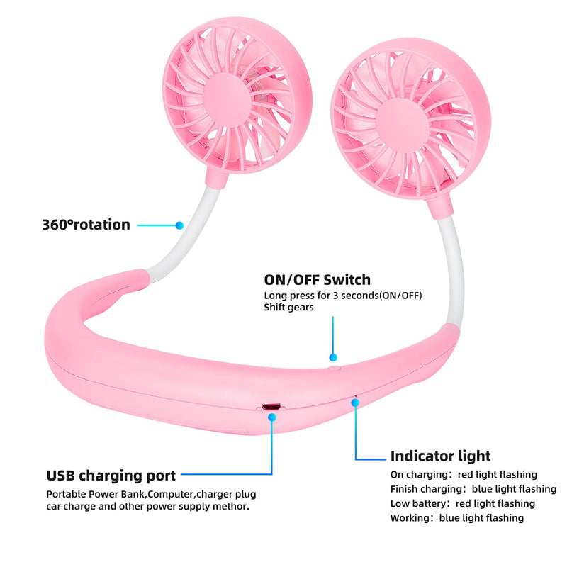 Portable Hanging Neck Sports Fan, Hands Free Personal Wearable Fan-USB Rechargeable Headphone Neckband Fan,3 Speeds,2000mAh,360 Degree Free Rotation Fit for Outdoor Office and Kitchen Pink