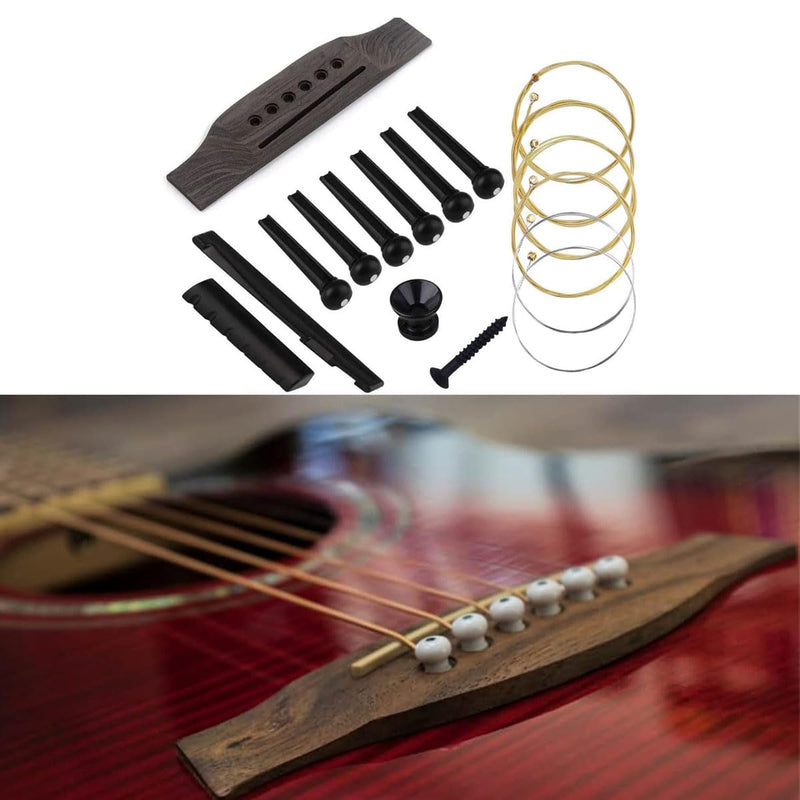 [AUSTRALIA] - 6 String Guitar Bridge Saddle Nut Pins Replacement Parts Set, Guitar Rosewood Bridge, 6Pcs Bridge Pins, End Pin, Guitar 6 String, Saddle and Nut Accessories for Acoustic Folk Guitar Black 