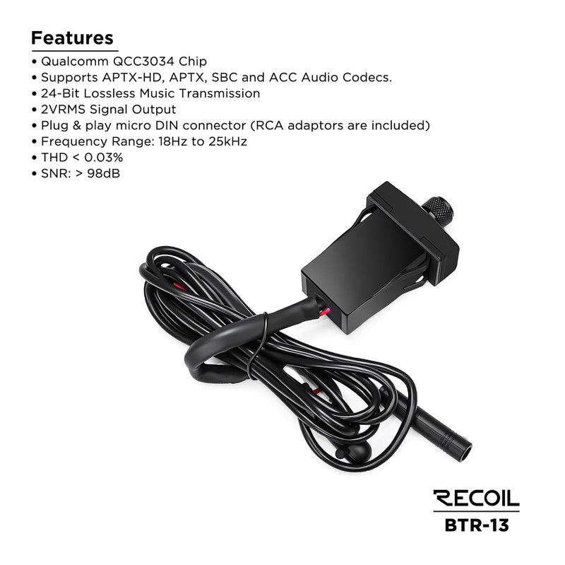RECOIL BTR-13 Bluetooth Audio Controller Carling Style Switch IPX6 | Waterproof 24-bit HD, Bluetooth 5.1 APTX-HD, Aux Input for UTV ATV Marine Truck Car