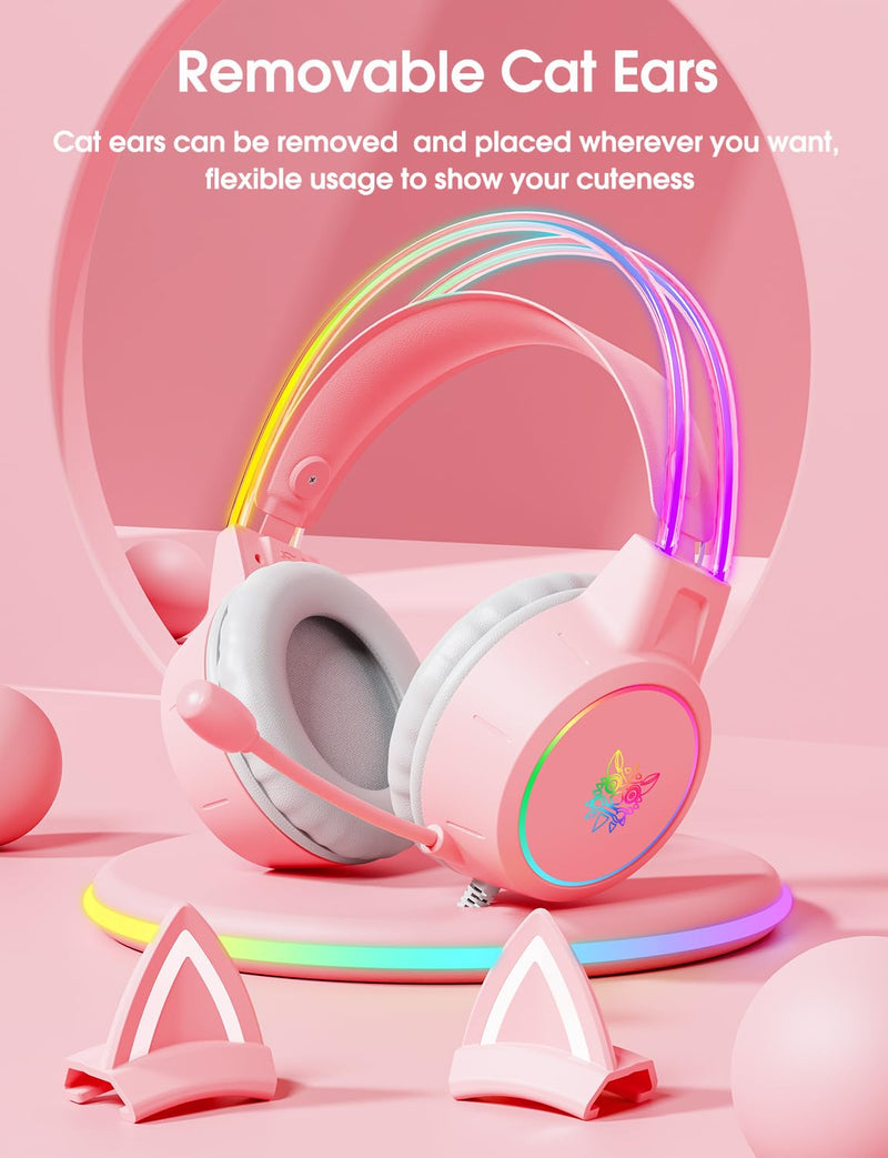Lightweight Gaming Headset with Detachable Cat Ears, RGB Lighting, Wired Over Ear Headphones with Mic for PC, PS4, PS5, Switch, Stereo Surround Sound, Self-Adjusting Headband Pink Cat Ear