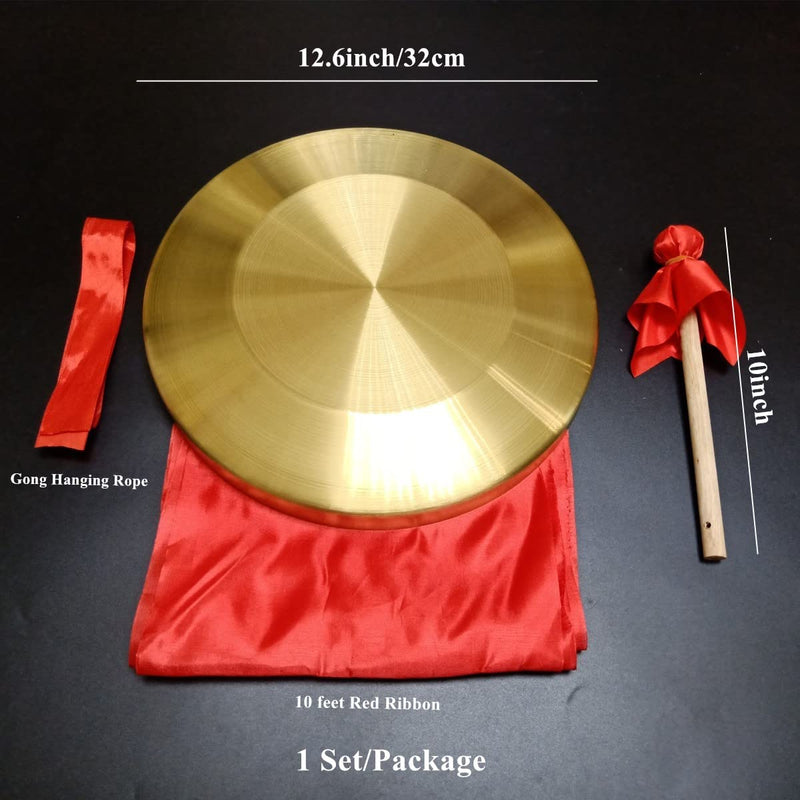 Gong Instrument with 12.6inch(32cm),Chinese Traditional Percussion Instrument Brass Gong with Wooden Mallet and Red Ribbon for Home Office Celebration Gold-12.6inch