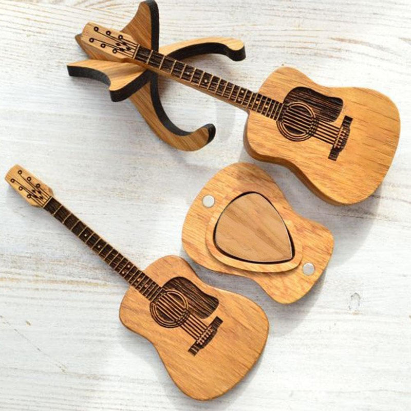 Wooden Guitar Pick Box with Stand,3PCS Unique Guitar Picks,Guitar Pick Holder Box,Musician Engraved Wooden Plectrum Case,Acoustic Guitar Box for Electric Bass Guitar Ukulele Lover