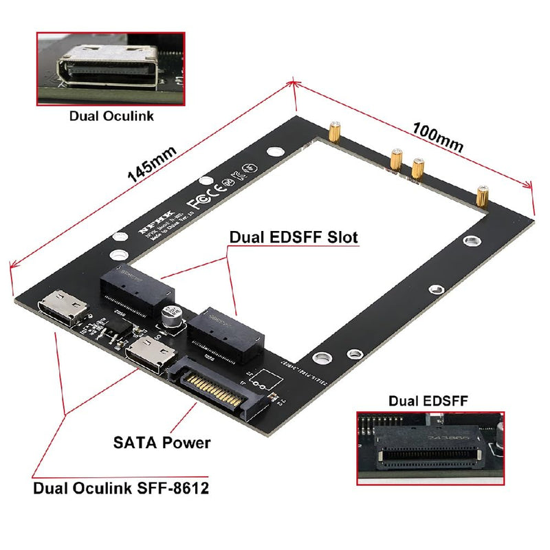 cablecc Dual SFF-8612 Oculink PCI-e 4X Host to Dual Ruler 1U GEN-Z EDSFF 9.5mm 15mm 25mm Short SSD E1.S PCI-E with Heat Sink PM9A3 PM9D3 P5801X Carrier Adapter Dual EDSFF-1C with Heat Sink