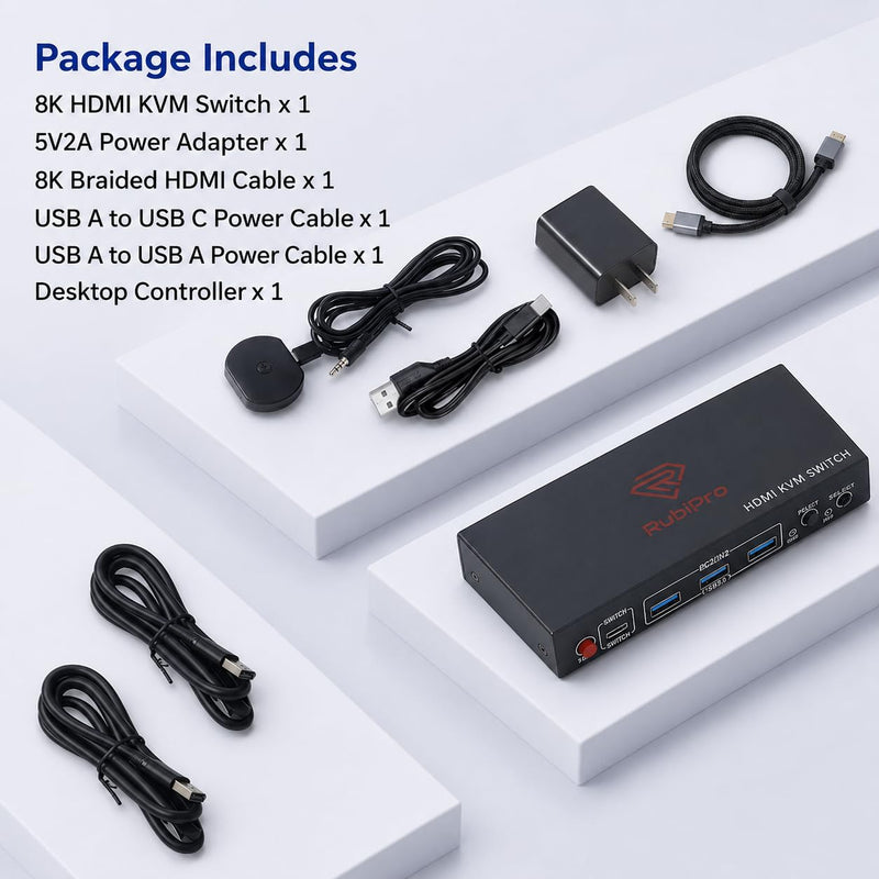 HDMI KVM Switch 2 Monitors 2 Computers – 8K@60Hz, 4K@120Hz, 4 Port USB 3.0 Hub (5Gbps), Wired Remote, Plug & Play for Windows/Mac/Linux with an additionl Braided 8K HDMI Cable