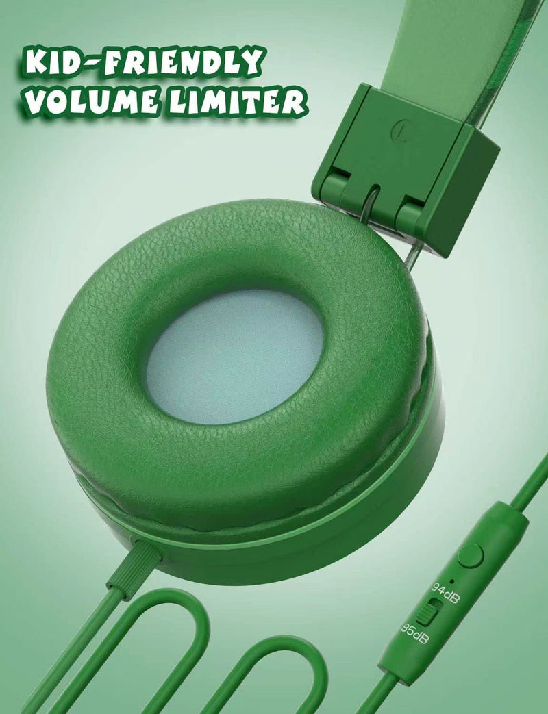 SIMJAR Dinosaur Kids Headphones with Microphone for School, Volume Limiter 85/94dB, Over-Ear Girls Boys Headphones for Kids with Foldable Wired Headphones for iPad/Travel/Tablet Green