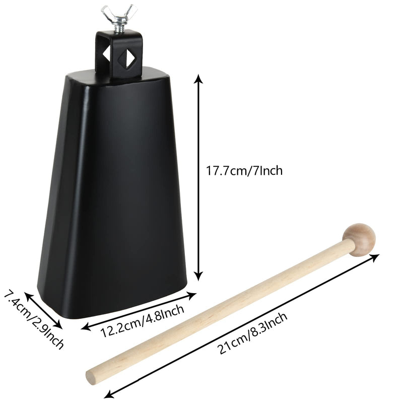 7 Inch Large Cow Bell Noise Makers, Metal Cowbell with Handle and Stick, Hand Percussion Music Cowbell for Sporting Events, Drum Set, Church, Weddings, Beautiful Clear Tapping Sound (Black)