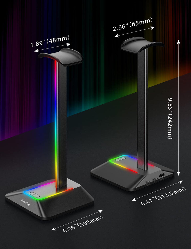New bee RGB Headphone Stand with 1 USB-C Charging Port and 1 USB Charging Port, Desk Gaming Headset Holder with 7 Light Modes and Non-Slip Rubber Base Suitable for All Earphone Accessories (Black) Black