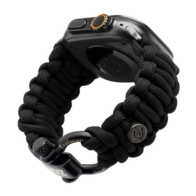 KORDIZ Survivor - Nylon Paracord Apple Watch Band Compatible with Apple Watch ULTRA 3, ULTRA 2 / 1 [49mm] & Series 11, 10, 9, 8, 7-1, SE3, SE2, SE [46mm 45mm 44mm 42mm] - with Stainless Steel Adjustable Shackle Black - Ultra 49mm Black Medium