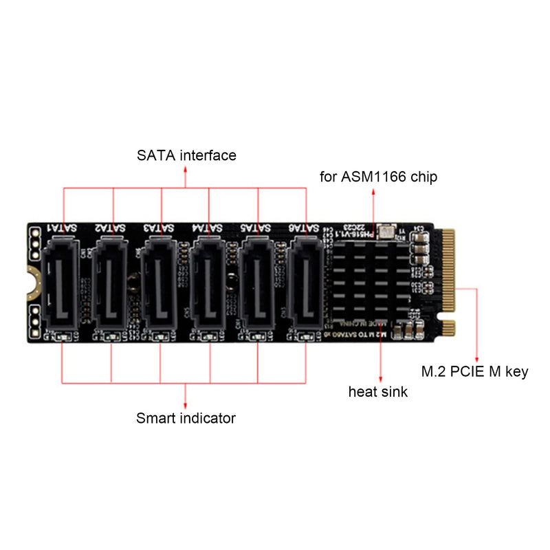 M.2 to SATA3.0 Adapter Card, M.2 M EKY PCIE3.0 to SATA Adapter Card, ASM1166 6Gbps 6 Port Expansion Interface Card with Smart Indicator