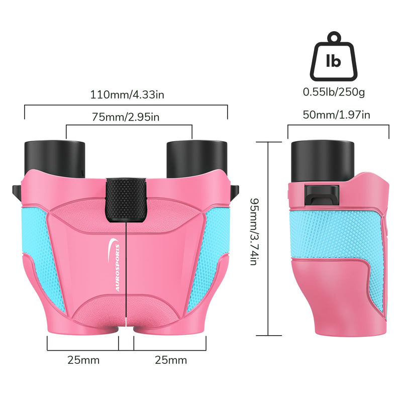 [AUSTRALIA] - Aurosports 15x25 Compact Binoculars for Kids - Small Binoculars Lightweight with Carrying Case Birding Guide for Bird Watching Hiking Camping Travel Gift for 8-12 Years Boys Girls (Pink) Pink 