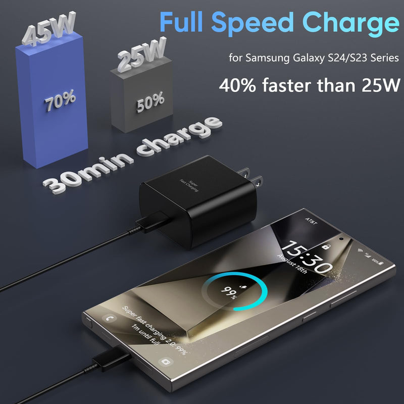 Samsung Galaxy S24 Ultra Charger 45W USB-C Super Fast Charger Android Phone Charger Block with 6.6 FT Cable for Samsung Galaxy S24 Ultra/S24/S24+/S23 Ultra/S23/S23+/S22/S21/S20/Note 10/20, Galaxy Tab black 6.6FT