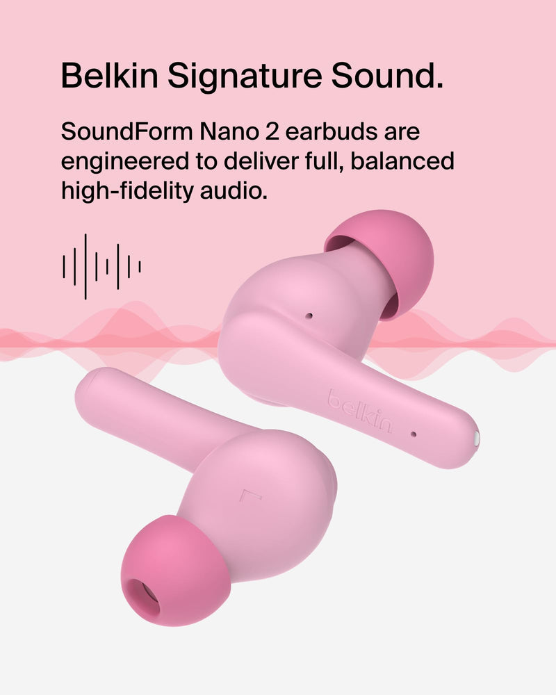 Belkin SoundForm Nano 2 Kids True Wireless Earbuds | In-ear Bluetooth earbuds for kids ages 7+, 85dB volume limiter, IPX5, ENC, touch controls, school, travel Pink