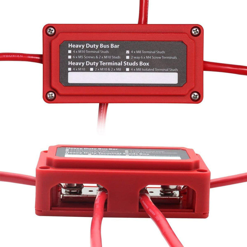 Gloaso 12V-48V DC Busbar Distribution Block 300A Busbar with 4x M8 Bolt Terminal Strips, Heavy Duty Bus Bar, Grounding Current, Busbars, Battery, 300 Amp for Car, Motorhome, Truck, Solar Boat, Marine 300 A, 4 x M8, red