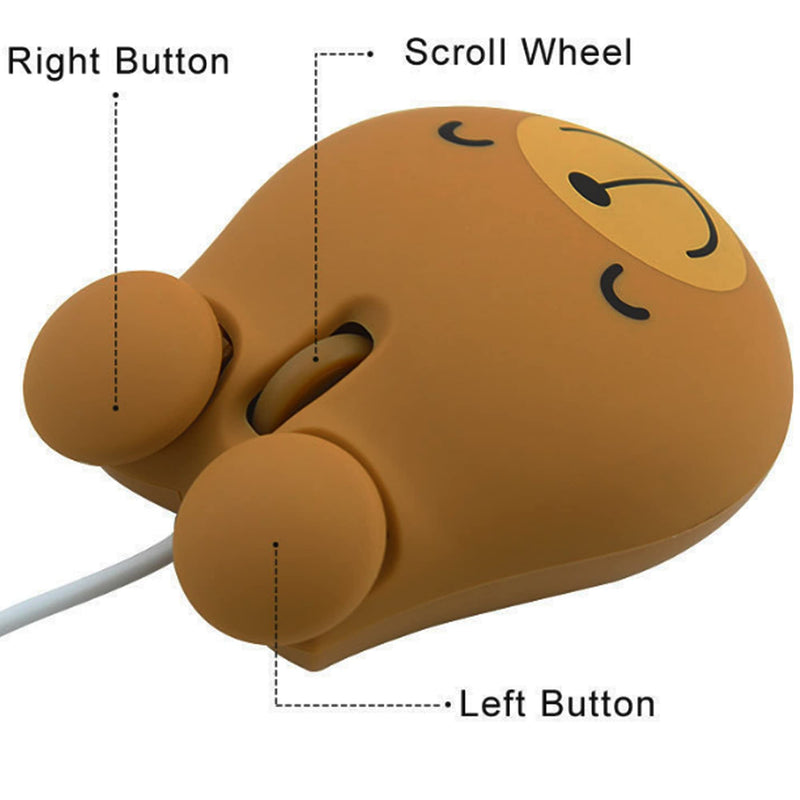 Cute Animal Bear Shape USB Wired Corded Mouse Optical Mice for Notebook PC Laptop Computer 1600DPI 3 Buttons with 3.2 Feet Cord (Brown)