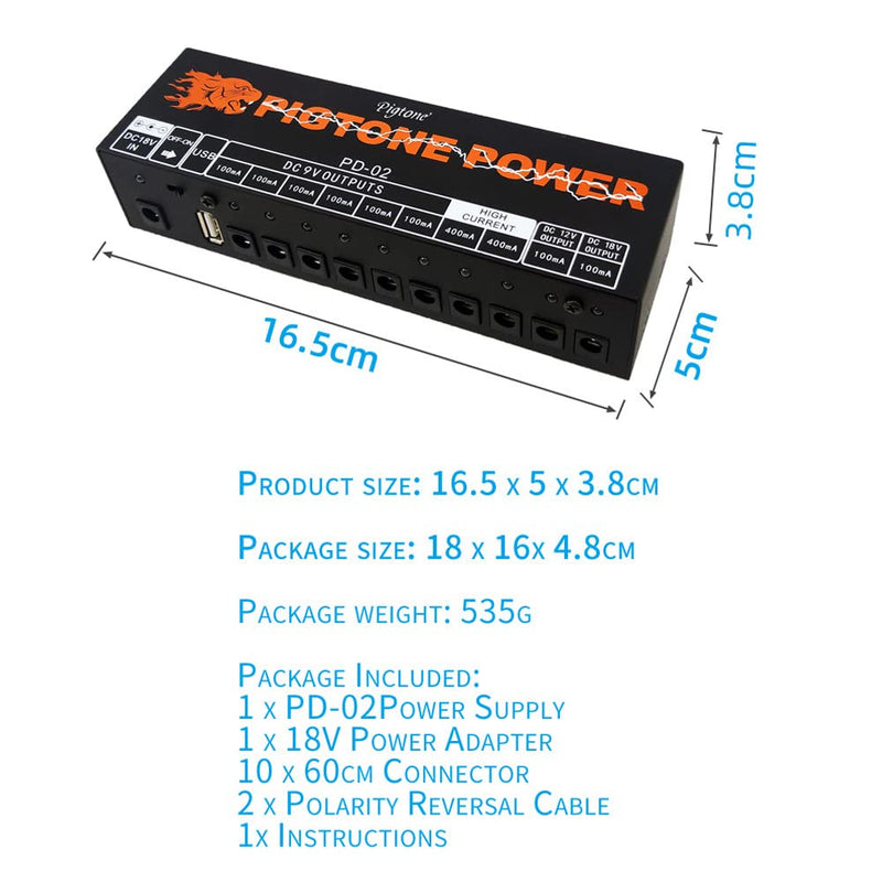 Guitar Effect Pedal 10 DC Outputs Power Supply for 9V 12V 18V Effects Pedals with USB (5V2A) PD-02