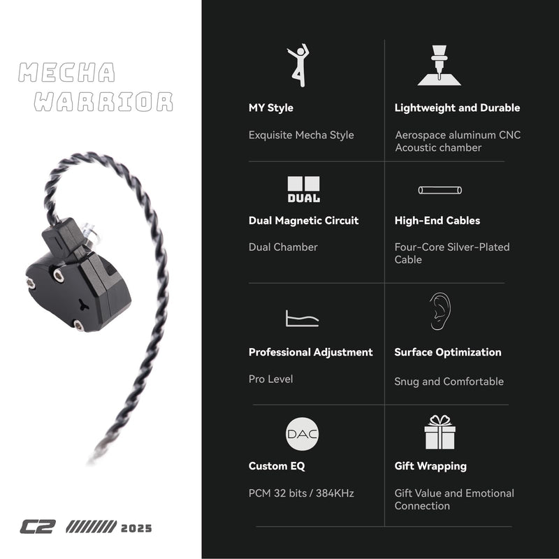 TINHIFI C2 HiFi IEM | LCP+PU Composite Diaphragm | 0.78mm 2-Pin Gold-Plated Cable | High-Resolution in-Ear Monitors for FPS Gaming & Music (Black, C2 2025 Type-C+Mic) Black