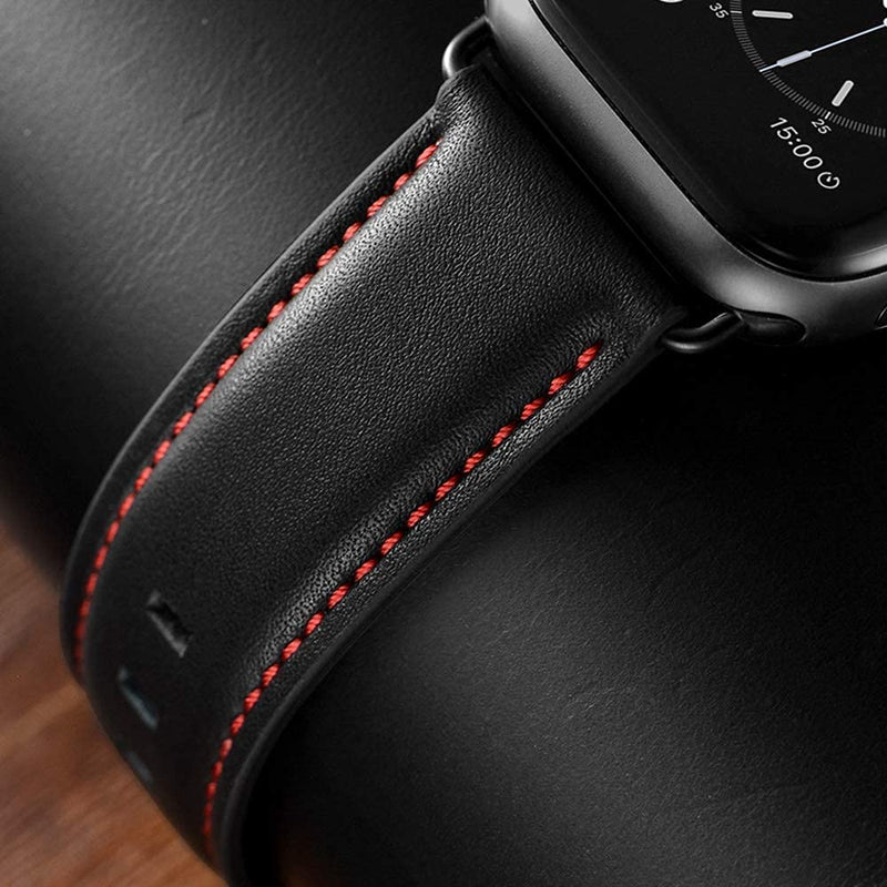 Leather Band Compatible with Apple Watch 44mm 42mm Mens Women Vintage Leather Strap XL Dressy Black Buckle Bands with Black Adapters for iWatch Series 6 5 4 3 2 1 SE, 2 PACK