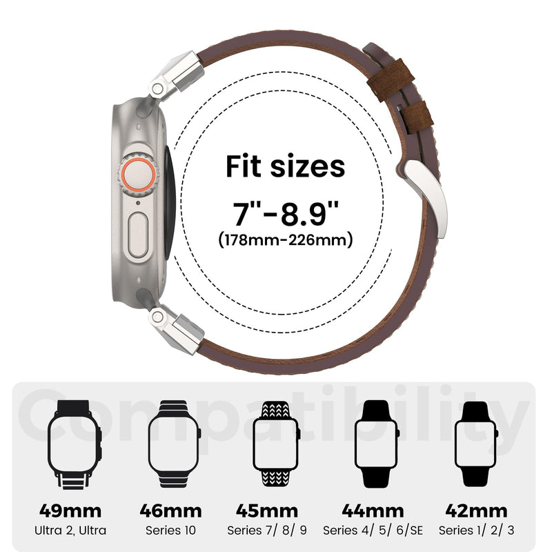 Top Grain Genuine Leather Compatible with Apple Watch Ultra Band 49mm 46mm 45mm 44mm 42mm, Rugged Metal Connector Band Strap for for Women Men iWatch Ultra 2/1 Series 10 9 8 7 6 5 4 3 2 1
