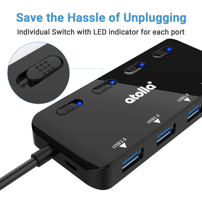 SD Card Reader, atolla USB Hub with SD/Micro SD Card Reader, USB Splitter with 3 USB Ports, 2 Card Slots and Individual LED Power Switches Dark black