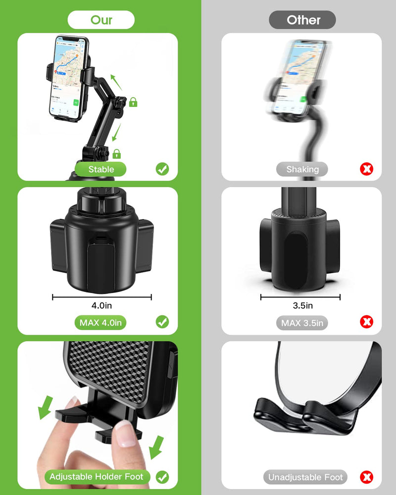Cup Phone Holder for Car, No Shaking Car Phone Mount with Expandable Base | Adjustable Height 8"-10.8", 360° Rotation, Fits 2.6"-4.0" Cup Holders for iPhone 17 Pro Max to iPhone 11, Samsung, Google