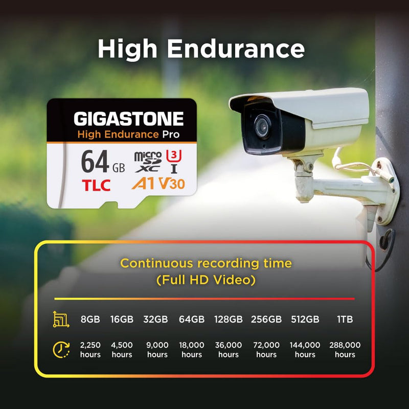 【5 Yrs Free Data Recovery】【Dash Cam】 GIGASTONE 64GB Micro SD Card, TLC High Endurance Pro, Speed Up to 95MB/s, Compatible with REDTIGER Rove VIOFO VANTRUE PRUVEEO ARIFAYZ, MicroSDXC UHS-I A1 V30 U3 64GB High Endurance Pro 1-Pack