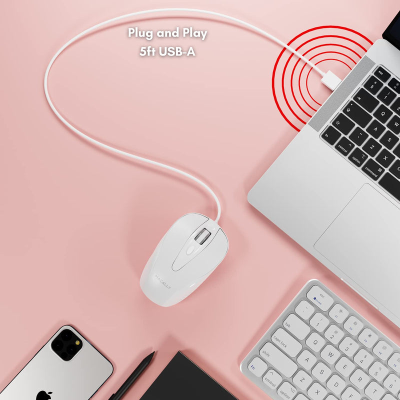Macally USB Wired Mouse with 3 Button, Scroll Wheel, & 5 Foot Long Cord, USB Mouse for Laptop and Desktop, Computer Mouse Compatible with Apple Macbook Pro / Air, iMac, Mac Mini, & Windows PC (TURBO)