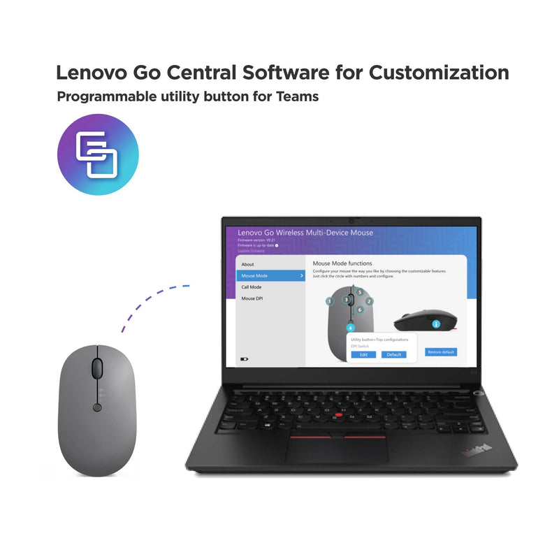 Lenovo Go Multi-Device Wireless Mouse, 2.4GHz Nano USB-C Receiver, Bluetooth, Adjustable DPI, USB-C Rechargeable Battery, Qi Wireless Charging, Ambidextrous, GY51C21211, Grey