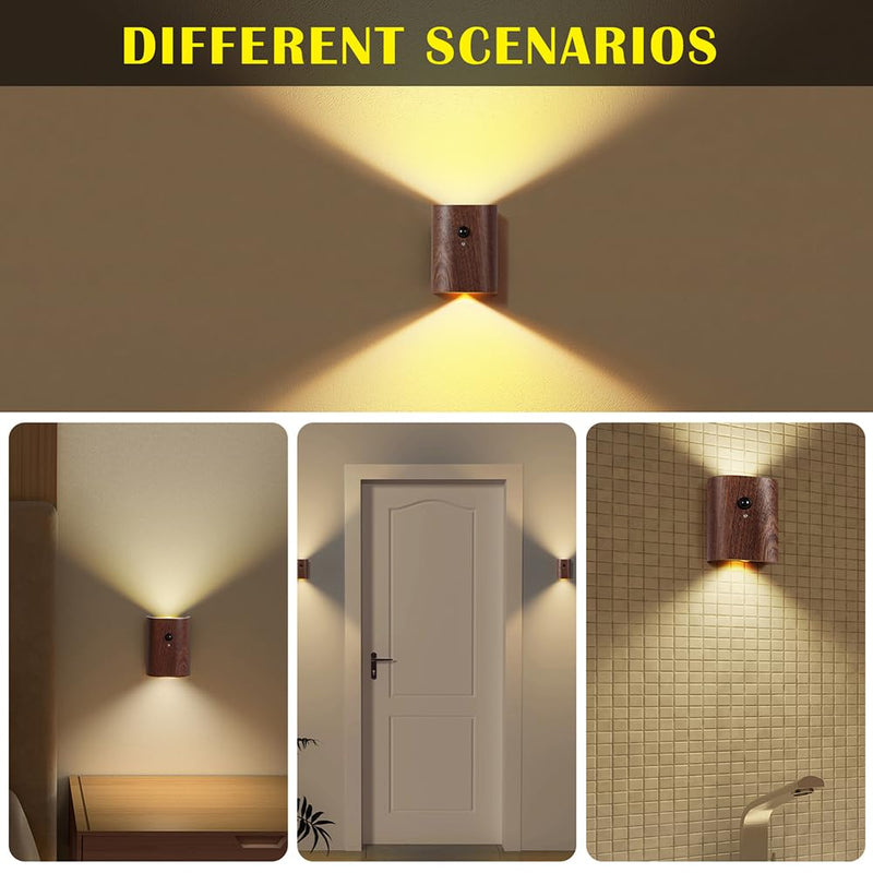 [AUSTRALIA] - LANDGOO 2-Pack Wood Step Light with Motion Sensor, Rechargeable Stair Night Light Set, Sapele Wood 2700K Warm White LED Wall Lamps, Easy No-Wire Installation for Hallway Bedroom Staircase Walnut Wood 2ps 