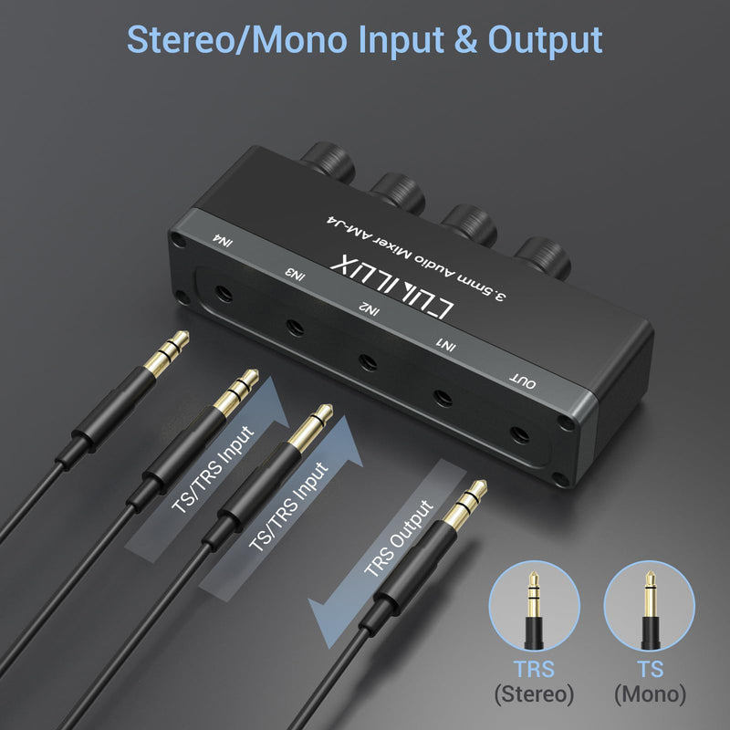 Cubilux 4-Channel 3.5mm Audio Mixer, Ultra-Low-Noise Mini Audio Mixer for Sub-Mixing, 1/8 TS/TRS Input, Stereo Switcher Suitable for Guitars, Bass, Keyboards