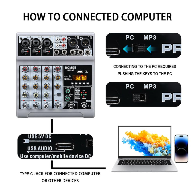 BOMGE Audio Mixer, Sound Board Mixing Console with 5 Channel Digital USB Bluetooth Echo Delay Effect, 48V Phantom Power Stereo DJ Mixers for Recording, Live Streaming, Podcasting (BM-05 5 canales) BM-05 5 canales