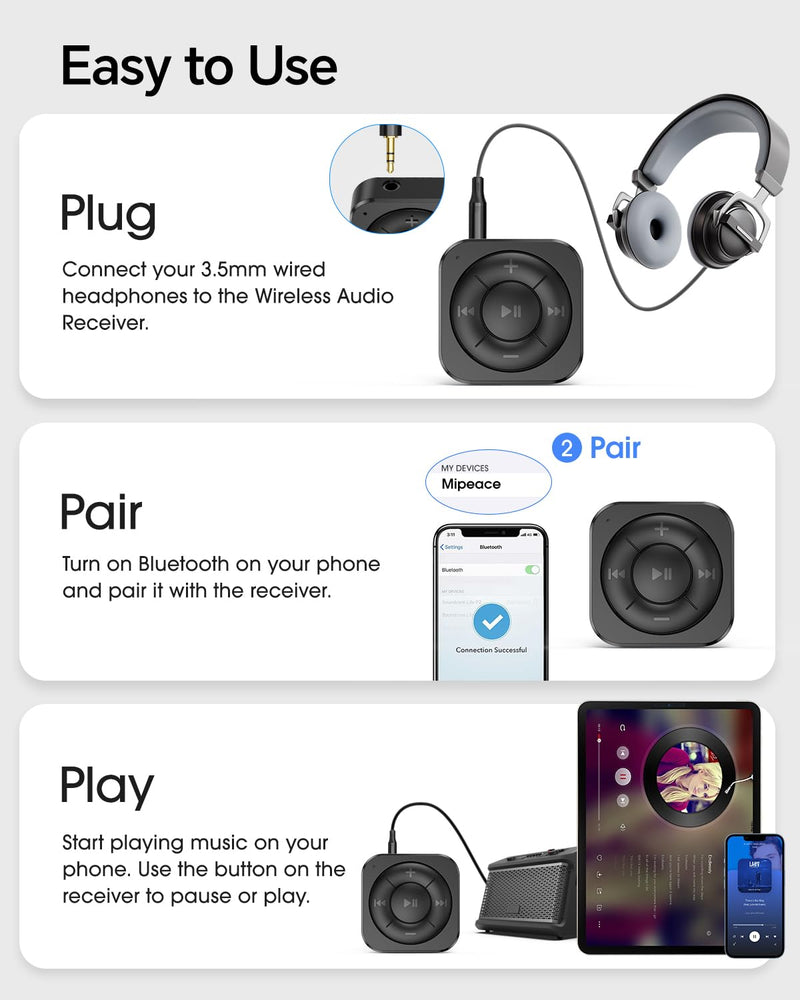 [AUSTRALIA] - MIPEACE Bluetooth 5.3 Audio Receiver for Wired Headphones, Car & Speakers, Bluetooth Headphone Adapter with Built-in Mic, Clip-On & Pass-Through Charging-BK Black 