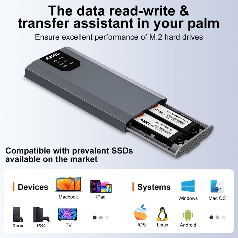 MAIWO Dual NVMe Clone SSD Enclosure, USB3.2 GEN2X2 10Gbps,Support AHCI to NVMe Clone, M.2 Duplicator Cloner for SSDs Sizes 2230/2242/2260/2280 with Indicator Light Dual M.2 NVMe Enclosure & Cloner
