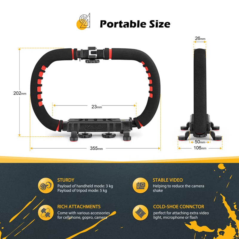 Zeadio Handheld Camera Stabilizer, U-Shaped Video Rig Handle Grip with 3 Cold Shoe Mounts & 1/4'' Screw, Compatible with DSLR Camcorder Action Camera Smartphone etc