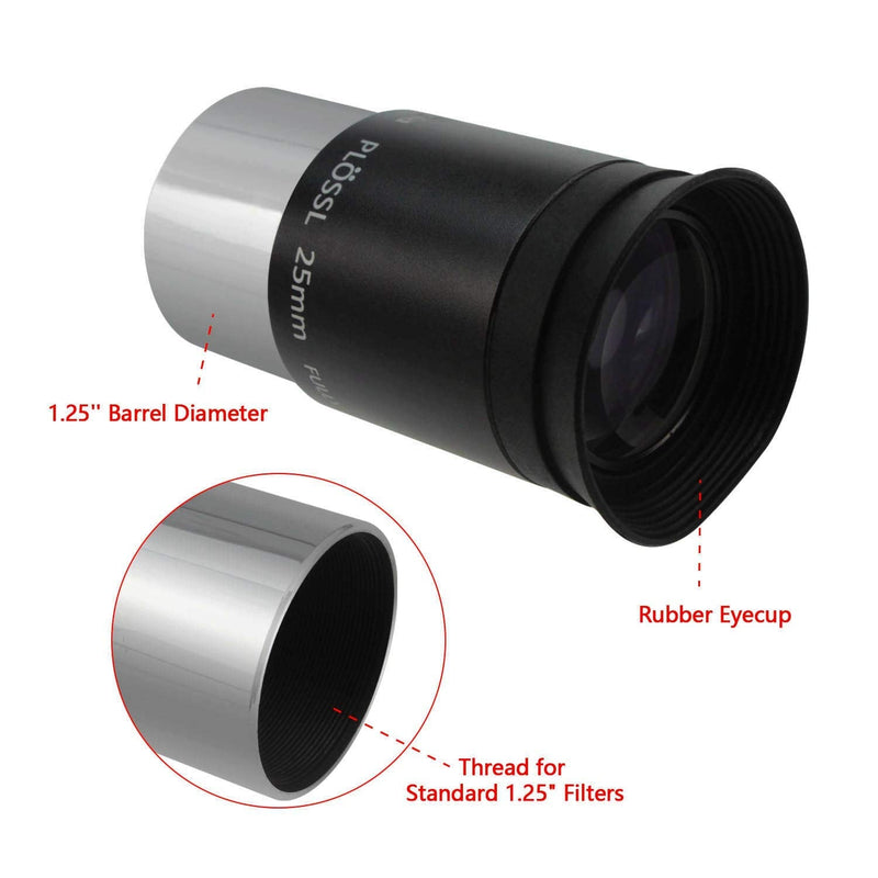 Astromania 1.25" 25mm Plossl Telescope Eyepiece - 4-Element Plossl Design - Threaded for Standard 1.25inch Astronomy Filters