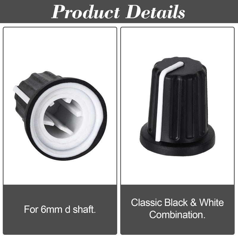 6pcs 6mm D Type Knurled Shaft Potentiometer Knob, Black White Plastic Electric Guitar Volume Tone Rotary Knob, Bass Control Knob Replacement for Encoder Speaker Mixer Board 6 Pieces
