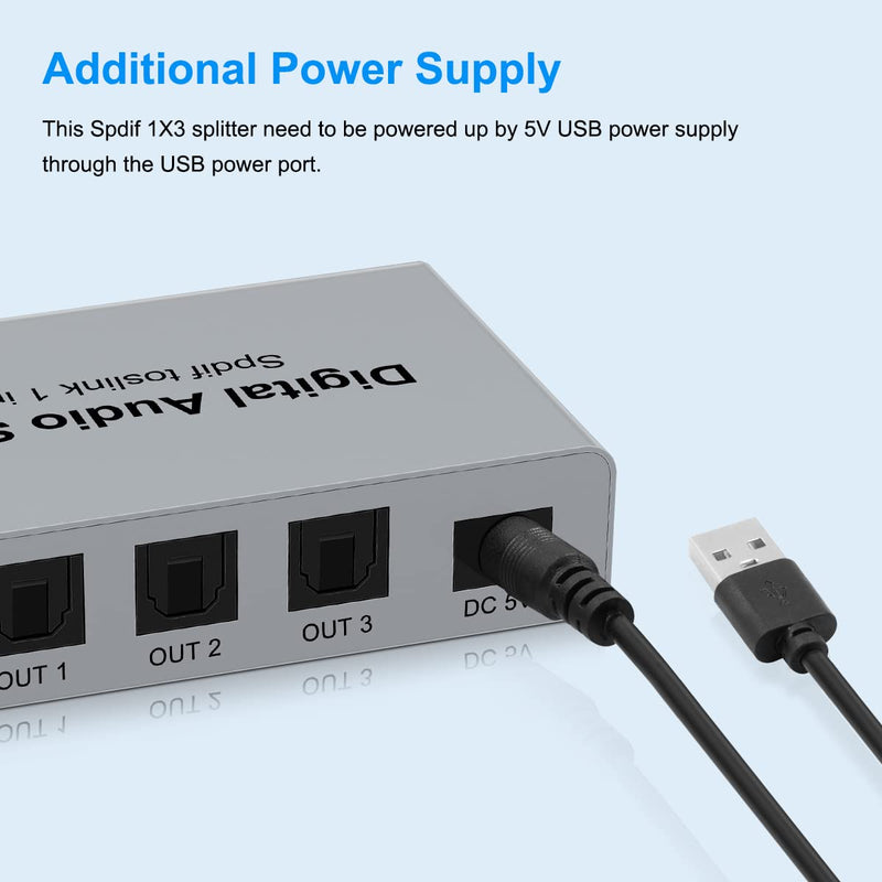 3 Port SPDIF Toslink Fiber Audio Splitter, Digital Optical Splitter 1x3(1 in 3 Out) with Optical Cable for TV, Support Dolby Digital DTS 5.1 PCM Stereo LPCM 96KHZ