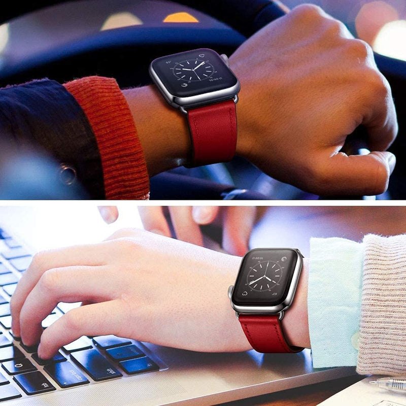 OUHENG Compatible with Apple Watch Band Genuine Leather Replacement Strap 41mm 40mm 38mm Black & Red