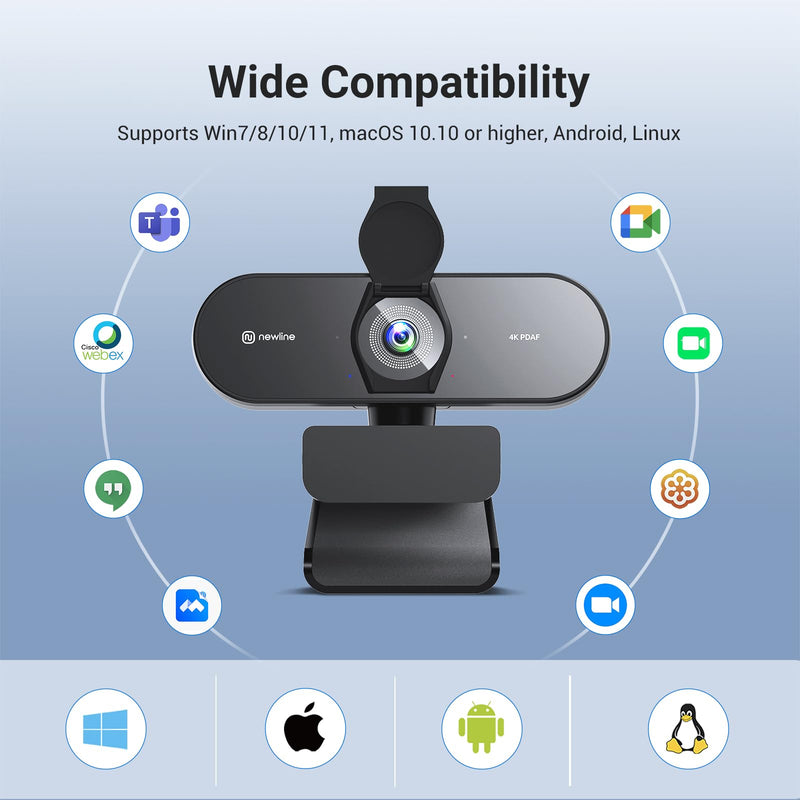 N newline 4K Webcam for PC with PDAF Autofocus, Privacy Cover, Dual Microphones, 4K@30FPS & 1080P@60FPS, Auto Light Correction, Plug & Play USB Camera for Laptop, Mac & Desktop, Streaming