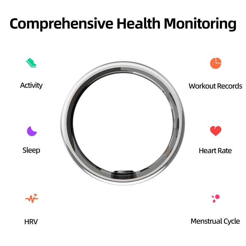 Smart Ring for Women & Men Fitness Sleep Heart Tracker | No Subscription, 5-Day Battery, Heart Rate, Stress, Sleep & Activity Monitoring, IP68 Waterproof, iOS & Android Compatible Silver 8