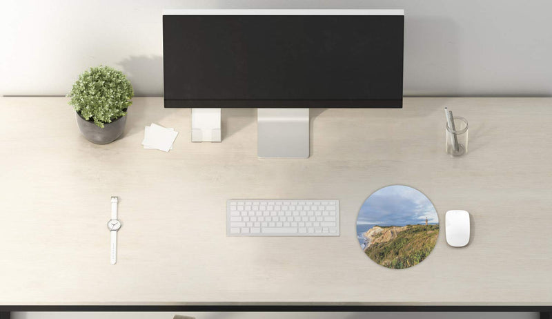 Lunarable Island Mouse Pad for Computers, Image of Gay Head Cliffs and Old Historical Lighthouse at Martha's Vineyard, Round Non-Slip Thick Modern Gaming Mousepad, 8" Round, Khaki Ecru Pale Blue