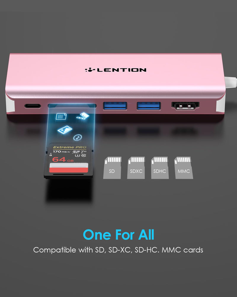 LENTION 6-in-1 USB-C Hub, 2 USB3.0, 4K@30Hz, Ethernet, Card Reader, 100W PD | Ideal for Work & Study, Stable Driver 3.0 Certified, Compatible with macOS, iOS/iPadOS, Windows & ChromeOS (C68, Rose Gold)