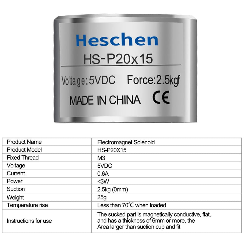 heschen Solenoid Solenoid Valve P20/15, OD: 20 mm, DC 5 V, 2.5 kg/2500 g