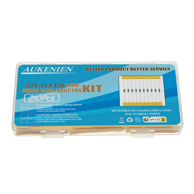 AUKENIEN 1/4 W Colour Ring Inductors 21 Values Inductor Kit 1uH to 1mH 210 Pieces 0307 DIP Colour Code Inductance 1/4 Watt Assortment 1/4W