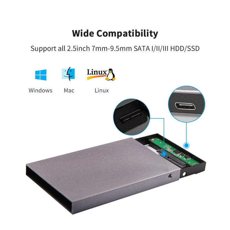 SSK Aluminum 2.5" Hard Drive Enclosure USB C 3.1 Gen 2(6Gbps) to SATA External HDD Case Adapter for 2.5 inch 7 9.5mm SATA III HDD SSD with UASP Compatible with WD Seagate Samsung PS4 Xbox